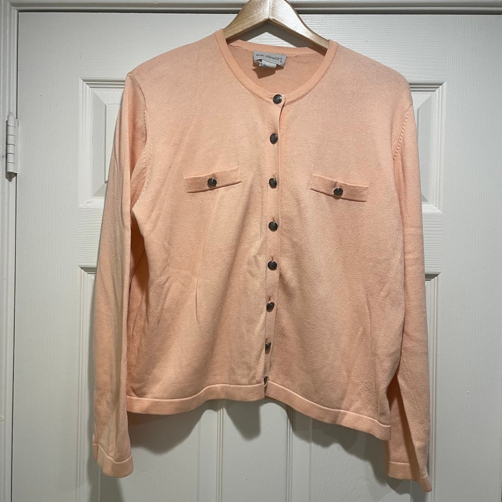 Erik Stewart Womens Cardigan Sweater L Peach Cotton Button Front Crest Classic